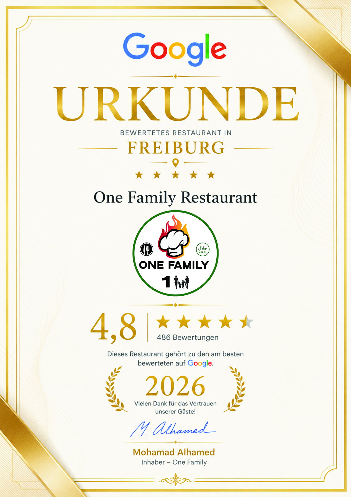 Google Urkunde 2026 – 4,8 Sterne, 486 Bewertungen, One Family Restaurant Freiburg